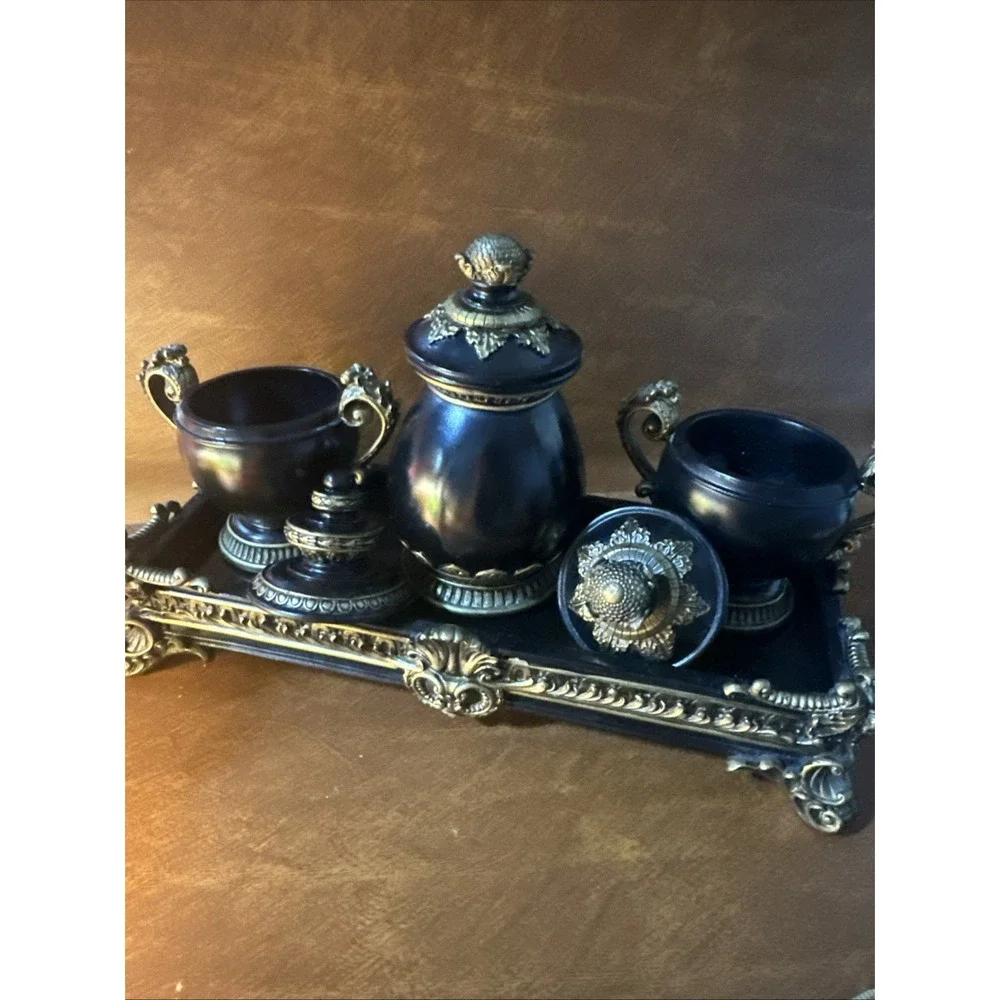 Hollywood Regency Resin Inkwell & Urn Vanity Tray 4pc Set Black Gold Decor